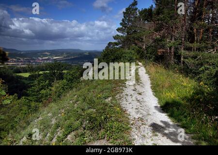 Sentiero escursionistico per Adolphsburg, Werrabergland, Parco Naturale Eichsfeld-Hainich-Werratal, cintura verde, sentiero di confine, Confine interno tedesco, Treffurt Foto Stock