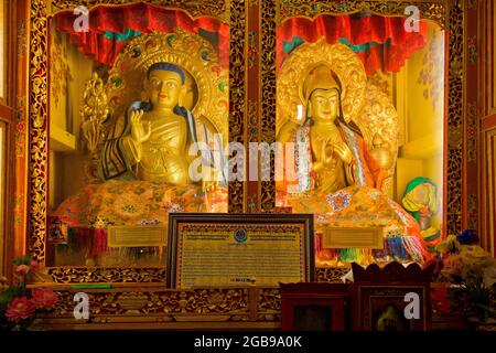 Buddismo tibetano, figure di Buddha illuminate, Monastero di Reting, Monte Gangi Rarwa, Himalaya, Contea di Lhundrup, Tibet centrale, Tibet, Cina Foto Stock