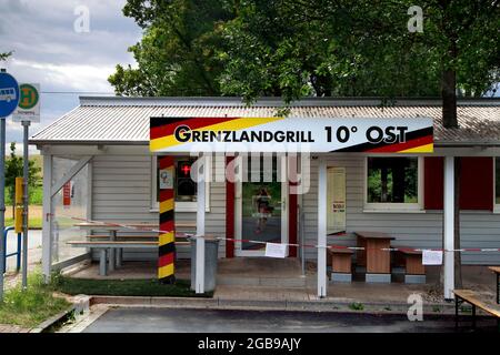 Ristorante Grenzlandgrill, Green Belt, Border Trail, Borderland Museum Eichsfeld, Teistungen, Contea di Eichsfeld, Turingia, Germania Foto Stock