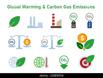 icona set di riscaldamento globale emissioni di gas di carbonio cambiamento climatico co2 tassa co2 compensazione del carbonio neutro Illustrazione Vettoriale