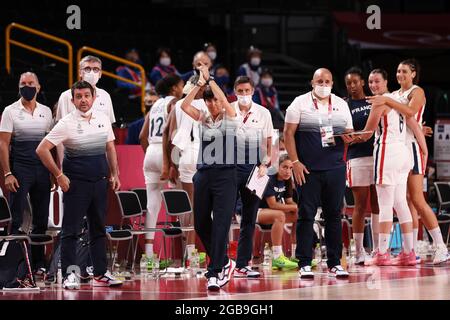 Valérie GARNIER (C) della Francia e della squadra francese durante i Giochi Olimpici Tokyo 2020, Pallacanestro Pallacanestro Donne del Gruppo B tra Francia e USA il 2 agosto 2021 alla Saitama Super Arena di Tokyo, Giappone - Foto Ann-Dee Lamour / CDP MEDIA / DPPI Foto Stock