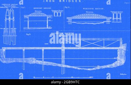 Iron Bridge design dal libro la vita del Regno di Isambard Brunel, ingegnere civile. Di Isambard Brunel pubblicato a Londra da Longmans, Green nel 1870. Isambard Kingdom Brunel FRS MInstCE (9 aprile 1806 – 15 settembre 1859) è stato un ingegnere civile inglese, considerato "una delle figure più ingegnose e prolifiche nella storia dell'ingegneria", "uno dei giganti dell'ingegneria del XIX secolo", e "una delle figure più grandi della rivoluzione industriale, [Chi] ha cambiato il volto del paesaggio inglese con i suoi disegni rivoluzionari e le ingegnose costruzioni.' Brunel costruì cantieri navali, i grandi Wes Foto Stock