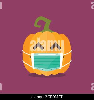 Halloween zucca indossare maschera medica. Emoticon di cartoni animati divertenti. Concetto di coronavirus Illustrazione Vettoriale