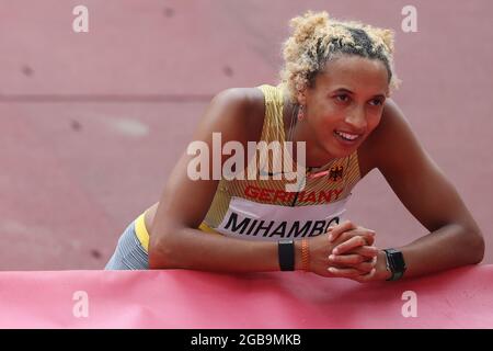 Tokyo, Giappone. 3 agosto 2021. Atletica: Olimpiadi, salto lungo, donne, finale allo Stadio Olimpico. Malaika Mihambo della Germania reagisce. Credit: Oliver Weiken/dpa/Alamy Live News Foto Stock