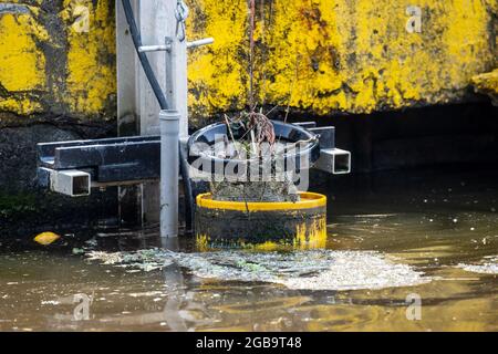 Emden, Germania. 09 giugno 2021. Il bidone della lettiera marina raccoglie la lettiera galleggiante nel bacino del porto. Molte città della bassa Sassonia stanno progettando di dotare i loro porti dei cosiddetti contenitori per rifiuti marini nel prossimo futuro. Una pompa immergibile sotto il cestello aspira in modo permanente acqua. Flottham galleggianti sulla superficie dell'acqua nelle vicinanze viene aspirato e cade nella rete di raccolta. L'acqua rifluisce nel bacino del porto. (A dpa-KORR.: 'Secchi con aspirazione: Come galleggianti bidoni di rifiuti sbarazzano porti di plastica') Credit: Sina Schuldt/dpa/Alamy Live News Foto Stock