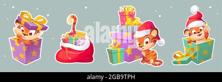 Set di adesivi New Year tiger a Santa Hat, 2022 Illustrazione Vettoriale