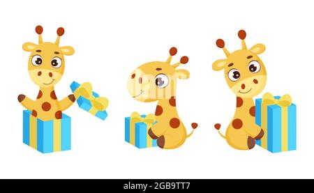 Set di carino giraffa seduta con confezione regalo. Divertente personaggio cartoon per la stampa, carte, baby doccia, invito, sfondi, arredamento. Colore brillante Illustrazione Vettoriale