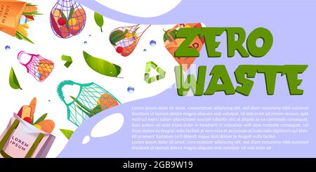 Banner cartoon zero rifiuti con sacchetti ecologici riutilizzabili Illustrazione Vettoriale