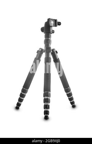 Treppiede scorrevole stabile e resistente per fotocamera e videocamera su sfondo bianco. Vista frontale, un luogo da copiare. Immagine in bianco e nero Foto Stock