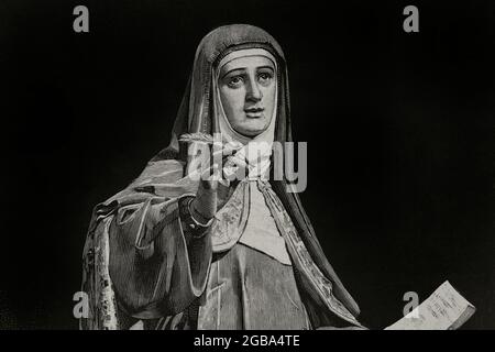 Santa Teresa di Gesù (1515-1682). Suora fondatrice dell'Ordine dei Carmelitani Scalzi. Mistico e scrittore spagnolo. Ritratto di Santa Teresa di Gesù. Incisione di Rico da una scultura attribuita a Gregorio Hernandez, esistente nel Museo di Valladolid. La Ilustracion Española y americana, 1882. Foto Stock