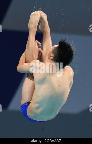 Tokyo, Giappone. 3 agosto 2021. Nuoto: Olimpiadi, preliminari, immersione subacquea 3m, uomini, finale, Tokyo Aquatics Center. Ken Terauchi del Giappone in azione. Credit: Swen Pförtner/dpa/Alamy Live News Foto Stock
