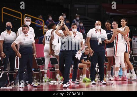 Valerie GARNIER (C) della Francia e della squadra francese durante i Giochi Olimpici Tokyo 2020, Pallacanestro Preliminary Round femminile Gruppo B tra Francia e USA il 2 agosto 2021 alla Saitama Super Arena di Tokyo, Giappone - Foto Ann-Dee Lamour / CDP MEDIA / DPPI Foto Stock