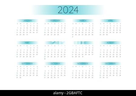 2024 modello di calendario tascabile in stile minimalista con elementi sfumati di colore menta, formato orizzontale. La settimana inizia la domenica. Illustrazione Vettoriale