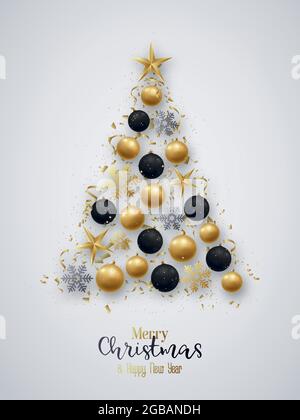 Palle dorate e nere di natale, fiocchi di neve brillanti, stelle e confetti a forma di pino. Buon Natale e Felice Anno Nuovo. Illustrazione Vettoriale