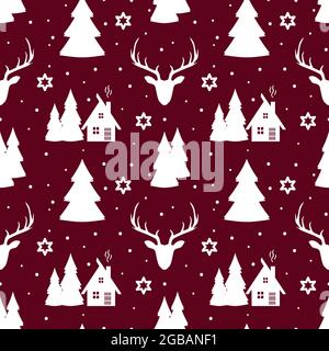 Motivo natalizio senza cuciture con cervi bianchi, case, abeti, fiocchi di neve e stelle su sfondo rosso. Sfondo nuovo anno. Illustrazione Vettoriale