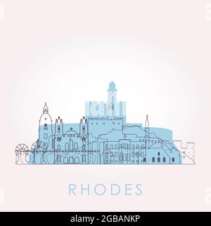 Delineare lo skyline di Rodi con i punti di riferimento. Illustrazione vettoriale. Concetto di viaggio d'affari e turismo con edifici storici. Immagine per presentazione, banne Illustrazione Vettoriale