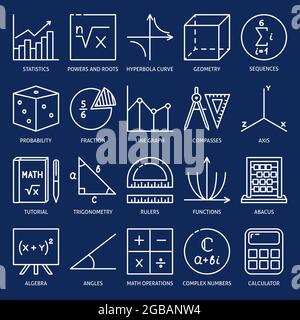 Icona matematica impostata in stile linea sottile. Collezione di simboli matematici. Illustrazione vettoriale. Illustrazione Vettoriale