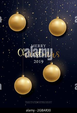 Volantino di Natale. Palline dorate appese su uno sfondo scuro con scintille. Illustrazione vettoriale. Illustrazione Vettoriale