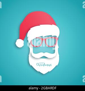 Babbo Natale con cappello rosso e bicchieri su sfondo blu. Stile di taglio della carta. Design natalizio. Illustrazione Vettoriale