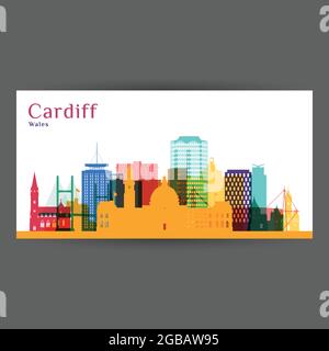La silhouette architettonica della città di Cardiff. Skyline colorato. City Flat design. Biglietto da visita vettoriale. Illustrazione Vettoriale