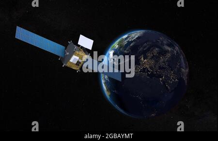 Nuovo satellite di telecomunicazioni orbitante Terra - Mappa della NASA - rendering 3D Foto Stock