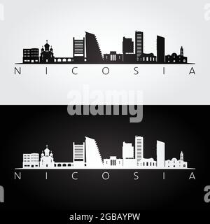 Profilo dello skyline e dei punti di riferimento di Nicosia, design in bianco e nero, illustrazione vettoriale. Illustrazione Vettoriale