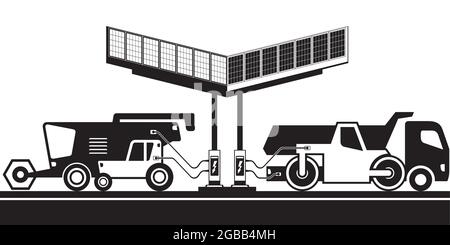 Macchine agricole e da costruzione presso la stazione di ricarica – illustrazione vettoriale Illustrazione Vettoriale