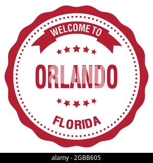 BENVENUTI A ORLANDO - FLORIDA, parole scritte sul francobollo rotondo rosso Foto Stock