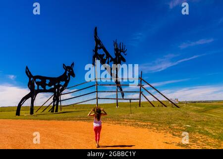 Woman in the Enchanted Highway, una collezione di grandi sculture in metallo di rottami costruite a intervalli lungo un'autostrada a due corsie, North Dakota, USA Foto Stock
