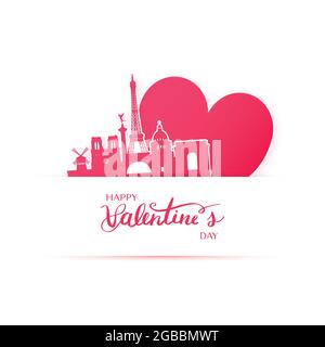 Cuore rosso e silhouette degli adesivi di carta della città di Parigi. Carta di San Valentino in stile arte della carta. Illustrazione Vettoriale