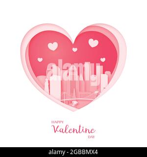 Carta di San Valentino. Carta tagliata cuore e città di Los Angeles. Buon San Valentino. Illustrazione vettoriale. Illustrazione Vettoriale