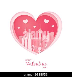 Carta di San Valentino. Carta tagliata cuore e la città di Las Vegas. Buon San Valentino. Illustrazione vettoriale. Illustrazione Vettoriale