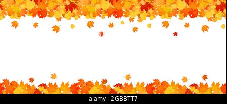Cornice panoramica autunnale di foglie arancioni e rosse che cadono. Illustrazione Vettoriale
