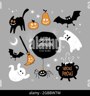 Carino disegno di Halloween disegnato a mano, personaggi e decorazioni spooky, elementi vettoriali. Illustrazione Vettoriale
