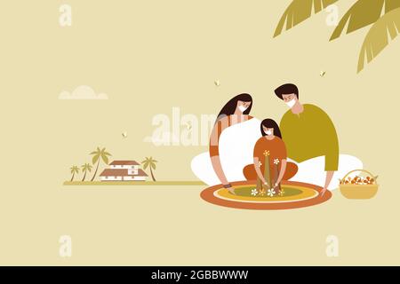 Le maschere facciali di protezione per la famiglia sono progettate con motivi floreali sul pavimento. Concetto di Onam festival in Kerala Illustrazione Vettoriale