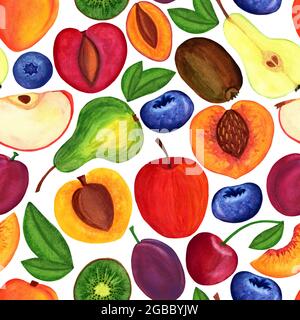 Frutta da giardino motivo senza cuciture. Motivo dipinto ad acquerello, raccolta estiva succosa Foto Stock