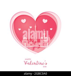 Carta di San Valentino. Carta tagliata cuore e città di Parigi. Buon San Valentino. Illustrazione vettoriale. Illustrazione Vettoriale