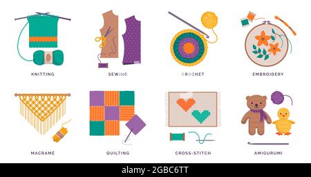 Set di hobby creativi per cucire e lavorare all'ago: Lavorazione a maglia, cucito, uncinetto e ricamo, artigianato e attività ricreative Illustrazione Vettoriale