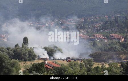 Il 3 agosto 2021 a Sofia, in Bulgaria, si sta bruciando un grande incendio. L'incendio sta bruciando la foresta, il campo, le case sopra le aree abitative M. Foto Stock