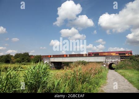 DB Cargo Classe 66 loco 66143 trasporto del 1142 Santon (Scunthorpe Steelworks) a Immingham sul fiume Ancholme a nord di Brigg il 3/7/21. Foto Stock