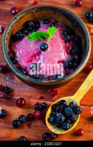 Frutta fatta in casa e gelato alla bacca in una ciotola su un tavolo tra ribes, mirtilli e mirtilli Foto Stock