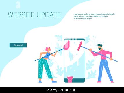 Il modello della pagina Web di destinazione del servizio di assistenza sta pulendo lo schermo dello smartphone. Aggiornamento del sistema operativo, processo di aggiornamento software delle notizie online metap Illustrazione Vettoriale