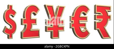 Grande set di alta risoluzione rosso e oro metallico 3D dollari libbra euro yen rublo ha vinto simboli di valuta Rupee su sfondo bianco Foto Stock