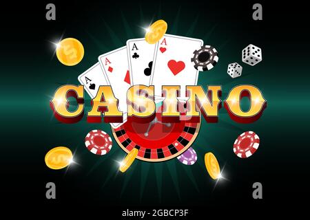 Poster del gioco d'azzardo del casinò. Roulette con fiches, carte da poker, dadi, monete d'oro in denaro e iscrizione 3d su sfondo scuro. Banner online rischioso per club di intrattenimento. Illustrazione eps vettoriale di gioco del giocatore Illustrazione Vettoriale