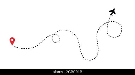 Piani. linea del piano. Volo in aeroplano percorso con linea tratteggiata e con linea tratteggiata il tracciato. Vettore Illustrazione Vettoriale