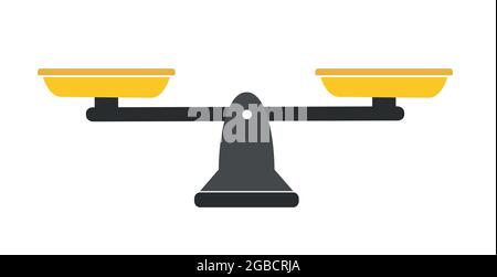 Bilancia in equilibrio e squilibrio. Icona della Bilancia piatta con ciotole dorate in posizione uguale. Illustrazione Vettoriale