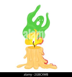 Candela di Halloween con fantasma verde in stile piatto cartone animato. Divinazione notturna, spiriti e fantasmi. Illustrazione vettoriale in stile piatto di cartoni animati iso Illustrazione Vettoriale