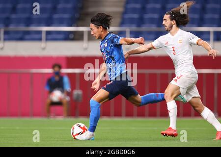 Tokyo, Giappone. 03 2021 agosto: (Da L a R) Daichi Hayashi (JPN), Marc Cucurella (ESP), 3 AGOSTO 2021 - Calcio/Calcio : Semifinale maschile tra Giappone 0-1 Spagna durante i Giochi Olimpici di Tokyo 2020 allo stadio Saitama di Saitama, Giappone. (Foto di Naoki Morita/AFLO SPORT) Foto Stock