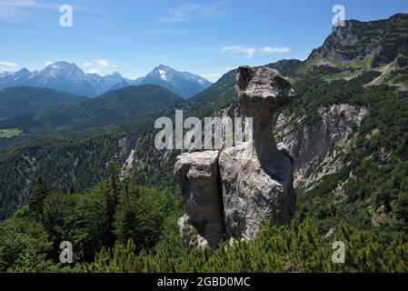 Formazione rocciosa bizzarra Steinerne Agnes e le montagne di Blaueisspitze, Hochkalter e Watzmann sullo sfondo, Bischofswiesen, Baviera, Germania Foto Stock