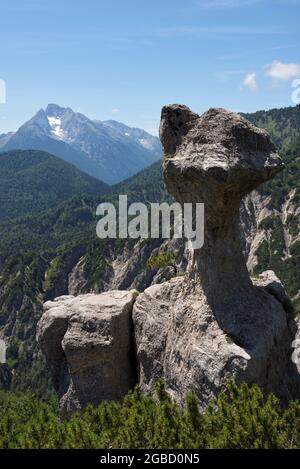 Formazione rocciosa bizzarra Steinerne Agnes e montagna di Blaueisspitze, Bischofswiesen, Baviera, Germania Foto Stock